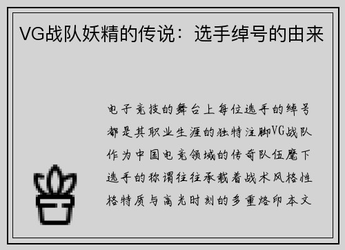 VG战队妖精的传说：选手绰号的由来